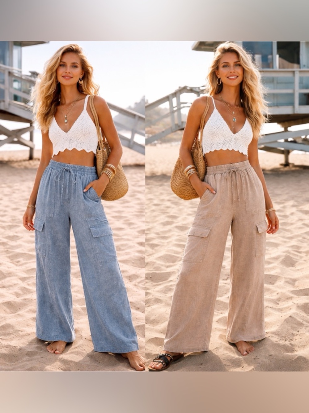 “ Zuma Beach “ Wide Leg Linen Cargo Pants | Ash Mocha / Blue